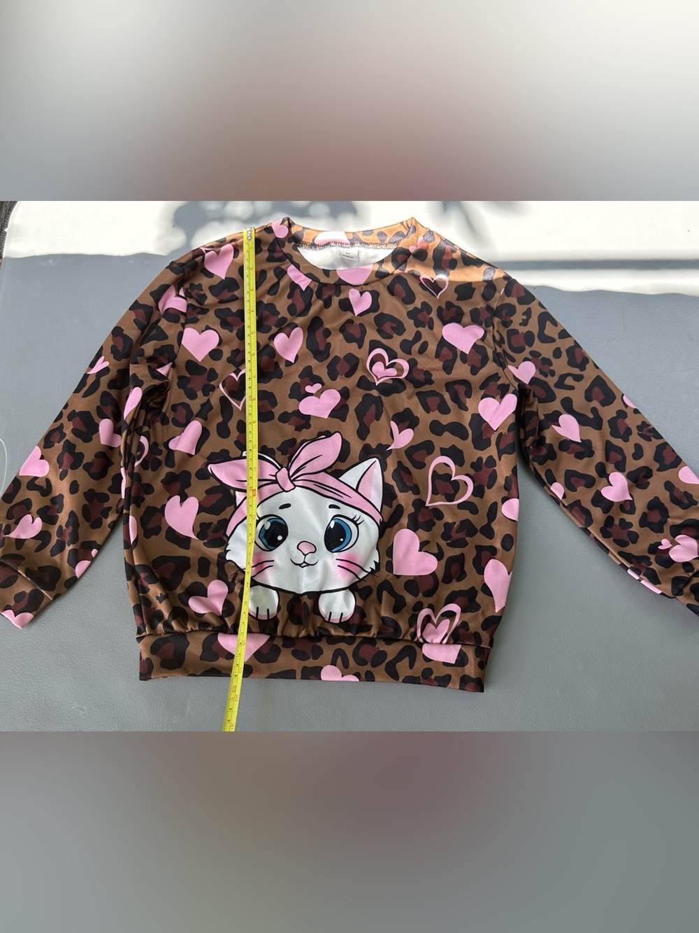 Girls Brown Leopard Print Sweatshirt with Pink Hearts and Kitty Graphic